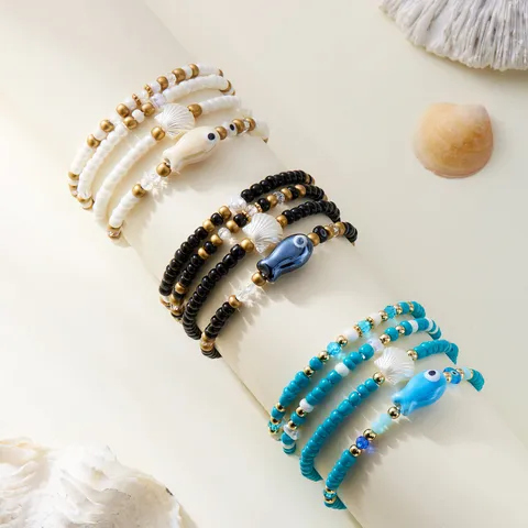Juego de Pulseras de Cuentas de Cerámica con Diseño de Pez y Concha Bohemia para Mujer Pulsera Multicapa de Mal de Ojo de Aleación Joyería de Playa