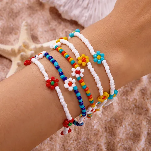 Bohemian Handmade Seed Bead Flower Anklet For Women Summer Beach Colorful Floral Beaded Foot Chain Jewelry Adjustable Bracelet Gift