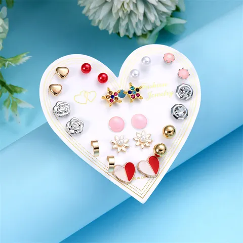 Alloy Rhinestone Artificial Pearl Stud Earrings Set Gold Silver Heart Feather Star Flower Fashion Jewelry For Women