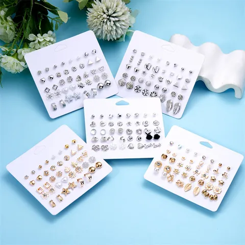 Alloy Rhinestone Artificial Pearl Stud Earrings Set Gold Silver Heart Feather Star Flower Fashion Jewelry For Women