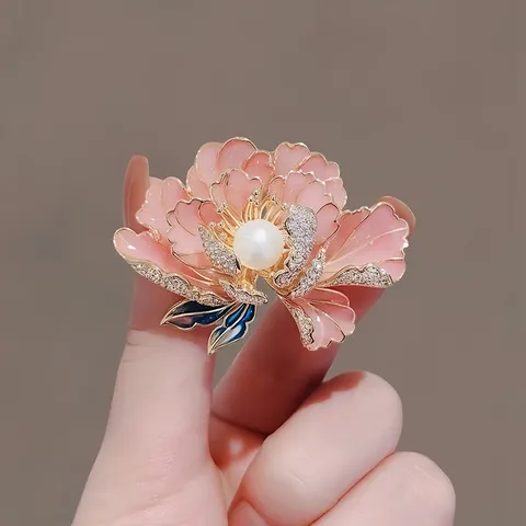Chinese Style Peony Flower Brooch For Women Vintage Enamel Sunflower Vase Pin Zinc Alloy Rhinestone Artificial Pearl Brooch For Suit Coat Accessory