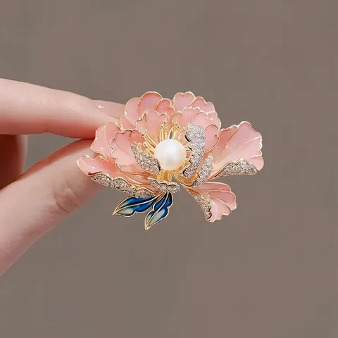 Chinese Style Peony Flower Brooch For Women Vintage Enamel Sunflower Vase Pin Zinc Alloy Rhinestone Artificial Pearl Brooch For Suit Coat Accessory