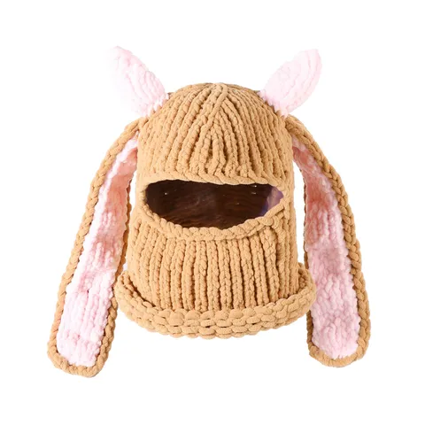 Womens Cute Rabbit Ear Balaclava Knit Hat Winter Warm Windproof Pullover Ski Mask Outdoor Thick Fleece Beanie Hat
