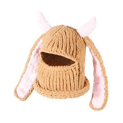 Womens Cute Rabbit Ear Balaclava Knit Hat Winter Warm Windproof Pullover Ski Mask Outdoor Thick Fleece Beanie Hat
