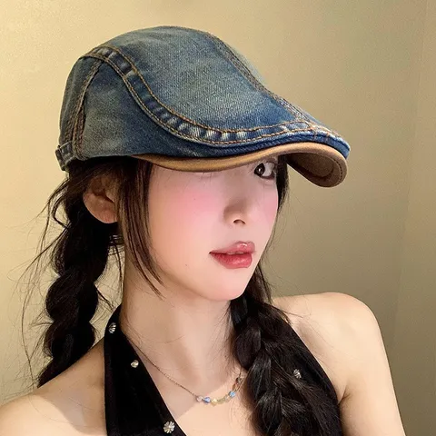 Washed Denim Flat Cap Women Vintage Newsboy Beret Hat Casual Breathable Sun Protection Visor Hat Outdoor Streetwear
