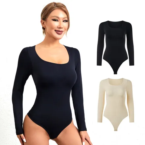 Body Senza Cuciture a Manica Lunga da Donna Controllo Pancia Modellante Scollo a U Fibbia per Cavallo Canotta in Nylon