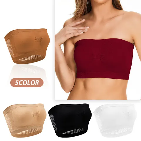 Women's Seamless Strapless Tube Top Breathable Mesh Bandeau Invisible Underwear Basic Solid Color Stretch Chest Wrap Top