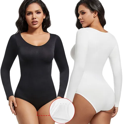 Body Senza Cuciture a Manica Lunga da Donna Controllo Pancia Modellante Scollo a U Fibbia per Cavallo Canotta in Nylon
