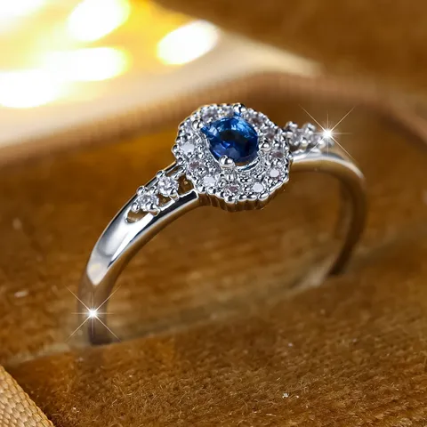 Vintage Oval Blue Zirconia Ring Women Double Halo Hollow Band Copper Electroplated Sapphire Color Statement Ring Jewelry