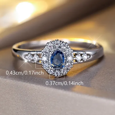 Vintage Oval Blue Zirconia Ring Women Double Halo Hollow Band Copper Electroplated Sapphire Color Statement Ring Jewelry