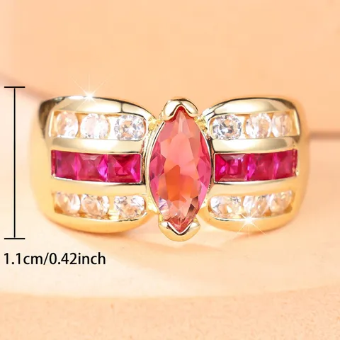 Anillo Statement de Cobre con Diamantes de Imitación Vintage Lujoso para Mujer Chapado en Oro Marquise Rosa Rojo Corte Gema Grueso Geométrico Anello Joyería