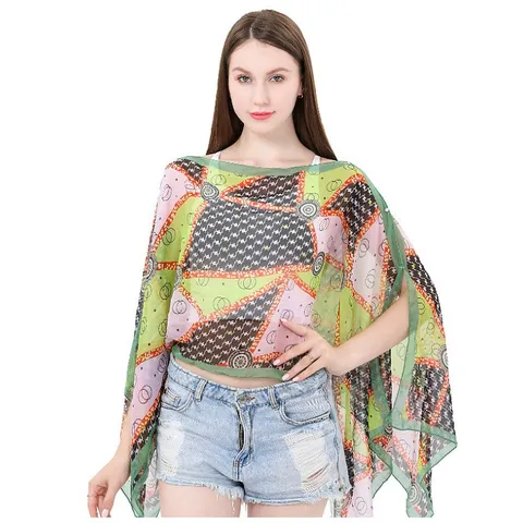 Chal Poncho de Satén Estampado para Mujer con Cierre de Perla Artificial Cubierta de Playa Geométrica