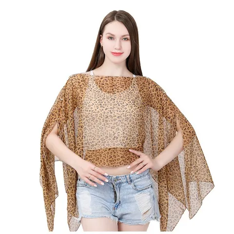 Women Leopard Print Bikini Cover-up Beach Shawl Thin Sun Protection Scarf With Pearl Clasp Summer Resort Wear Wrap Top
