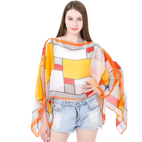 Chal de Protección Solar a Cuadros de Verano para Mujer Botón Cubierta de Parasol Bufanda de Satén Estampado Geométrico Pareo de Playa Bufanda de Seda Decorativa