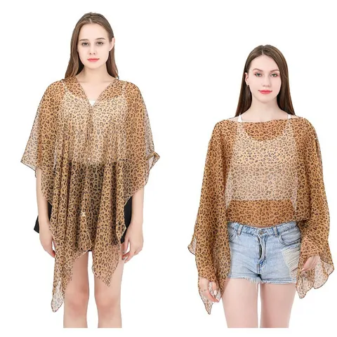Women Leopard Print Bikini Cover-up Beach Shawl Thin Sun Protection Scarf With Pearl Clasp Summer Resort Wear Wrap Top