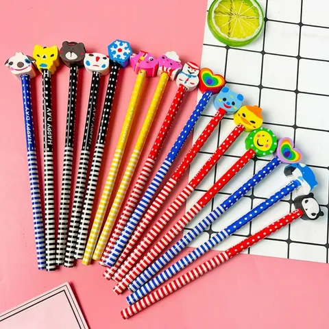 Mignons Crayons HB en Bois de Dessin Animé avec Gomme de Rechange Animal 3D Crayons Triangulaires Rayés Colorés pour Dessin Écriture Enfants École Récompenses de Classe Cadeaux d'Anniversaire Papeterie