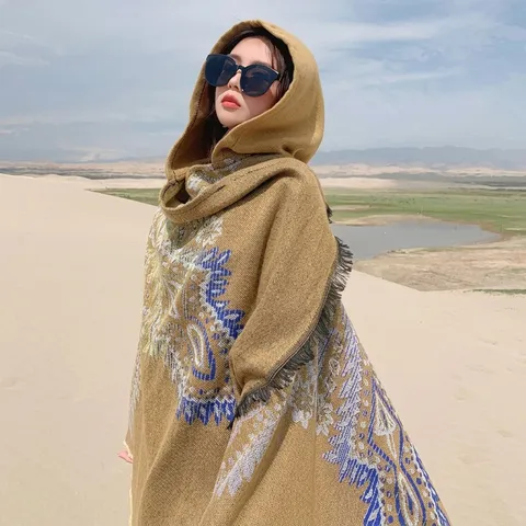Women Bohemian Hooded Shawl Cloak Faux Cashmere Paisley Knitted Poncho Tassel Trim Winter Warm Scarf Wrap Cardigan Coat