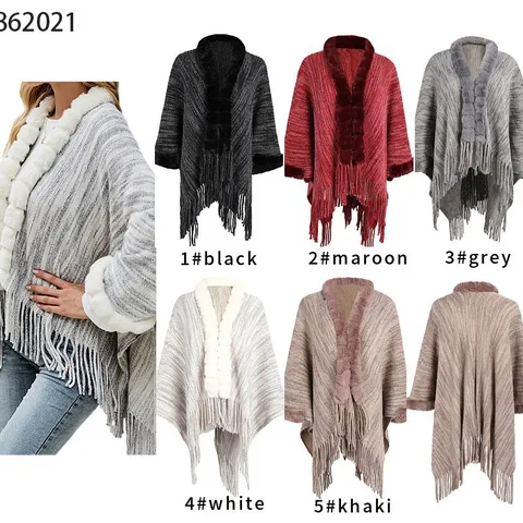 Women Faux Fur Collar Knitted Shawl Poncho Open Front Cardigan Tassel Hem Warm Polyester Wrap Oversized Autumn Winter Cape