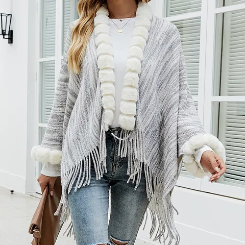 Women Faux Fur Collar Knitted Shawl Poncho Open Front Cardigan Tassel Hem Warm Polyester Wrap Oversized Autumn Winter Cape