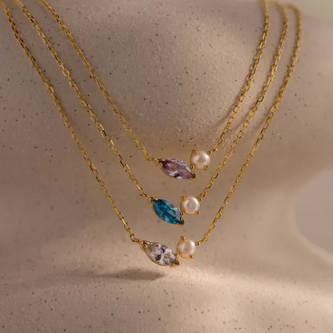 Minimalist Titanium Steel Necklace Marquise Zirconia Artificial Pearl Pendant Jewelry Elegant Light Luxury Chain Necklace For Women