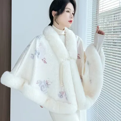 Femmes Nouveau style chinois Châle en fausse fourrure Cape chaude épaissie Imprimé floral Wrap Cheongsam mariée Soirée Outwear