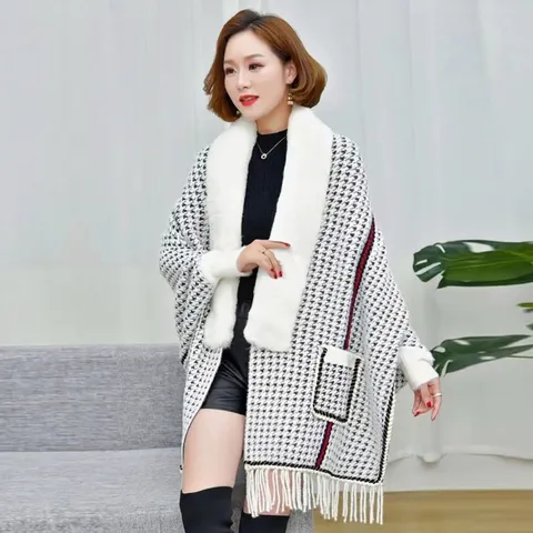 Poncho de Punto de Pata de Gallo para Mujer Con Cuello de Piel Sintética Capa Envolvente de Manga Larga con Borlas Abrigo Cálido de Invierno