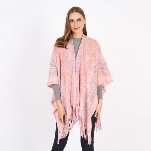Women Winter Knitted Shawl Wrap Tassel Poncho Open Front Polyester Striped Cape Fashion Warm Outdoor Scarf Shawl For Daily Wear