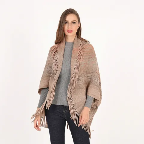 Women Oversized Knit Poncho Shawl Open Front Warp Knitted Cape With Tassel Warm Polyester Cardigan Wrap For Autumn Winter