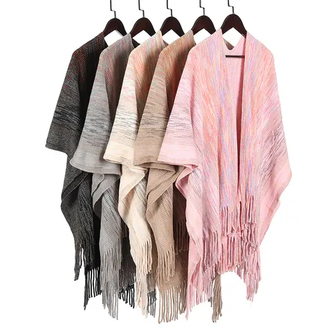 Women Winter Knitted Shawl Wrap Tassel Poncho Open Front Polyester Striped Cape Fashion Warm Outdoor Scarf Shawl For Daily Wear