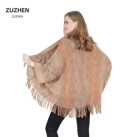 Women Oversized Knit Poncho Shawl Open Front Warp Knitted Cape With Tassel Warm Polyester Cardigan Wrap For Autumn Winter