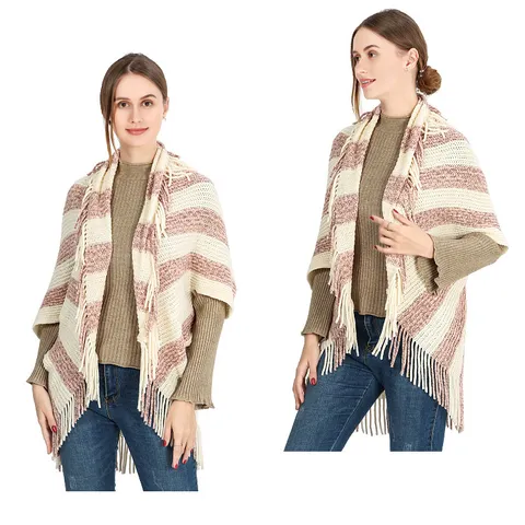Women Striped Imitation Cashmere Shawl With Tassel Fringe Open Front Sleeveless Poncho Cardigan Scarf Wrap Warm Warp Knitted Cape