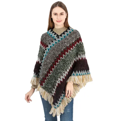 Women Ethnic Style Pullover Poncho Acrylic Knitted Tassel Shawl Bohemian Zigzag Pattern Warm Cape For Autumn Winter Everyday