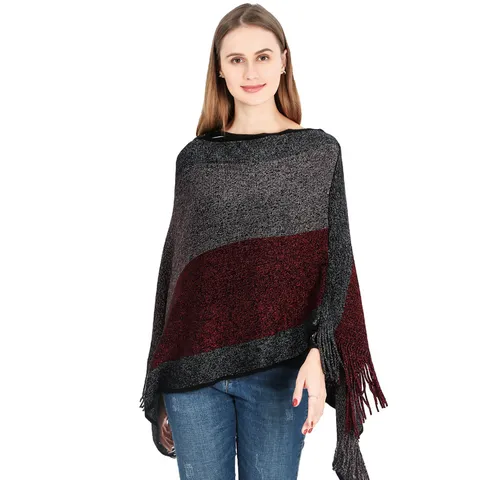Poncho en Tricot pour Femme Cape Avec Glands Franges Bloc de Couleur Châle Chaud Surdimensionné Enveloppant Automne Hiver