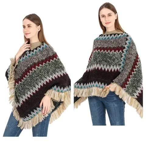 Women Ethnic Style Pullover Poncho Acrylic Knitted Tassel Shawl Bohemian Zigzag Pattern Warm Cape For Autumn Winter Everyday