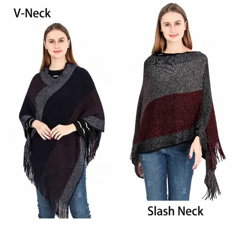 Poncho en Tricot pour Femme Cape Avec Glands Franges Bloc de Couleur Châle Chaud Surdimensionné Enveloppant Automne Hiver