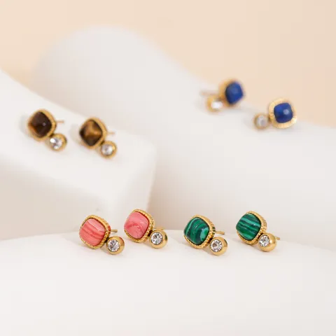 Vintage Titanium Steel Cube Stud Earrings Luxurious Stainless Steel Rhinestone Post Earrings For Women Geometric Multicolor Jewelry