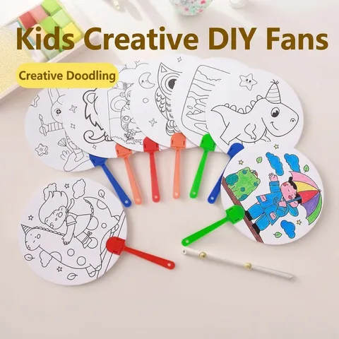 Kids DIY Paper Plastic Painting Fan Set Handmade Coloring Cartoon Round Fan Educational Drawing Toy for Kindergarten