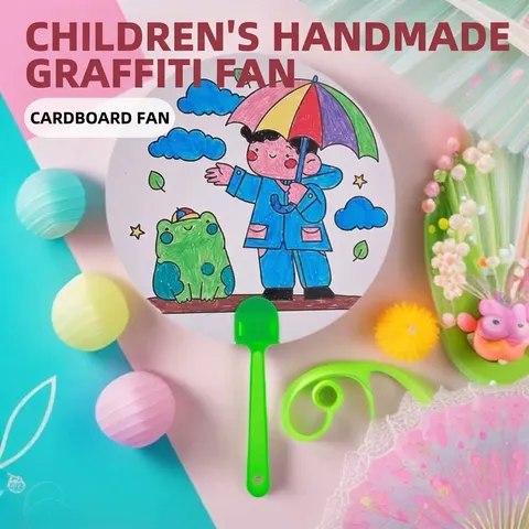 Kids DIY Paper Plastic Painting Fan Set Handmade Coloring Cartoon Round Fan Educational Drawing Toy for Kindergarten