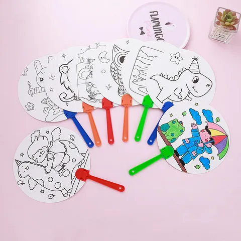 Kids DIY Handheld Painting Fan Cartoon Animal Painting Craft Kit Homemade Paper Art Coloring Hand Fan For Nursery School Children Creative Gifts