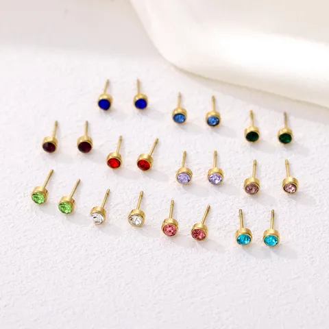 Exquisite Round Cut Zirconia Birthstone Stud Earrings Titanium Steel Vacuum Plated Geometric Mini Earrings For Unisex Daily Jewelry Gift