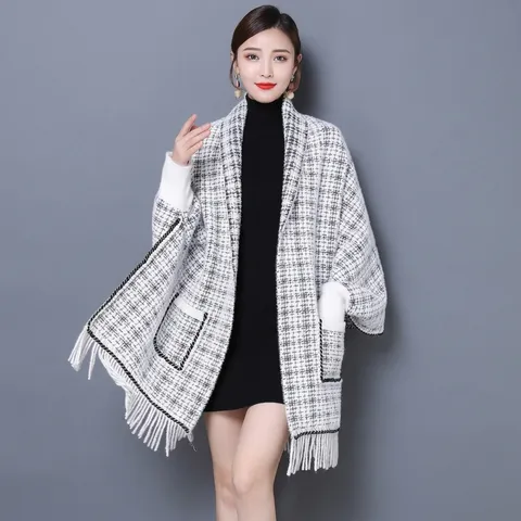 Poncho de Punto de Pata de Gallo para Mujer Capa Cárdigan Chal con Flecos Ropa de Abrigo Imitación Visón Polar Cálido Jacquard