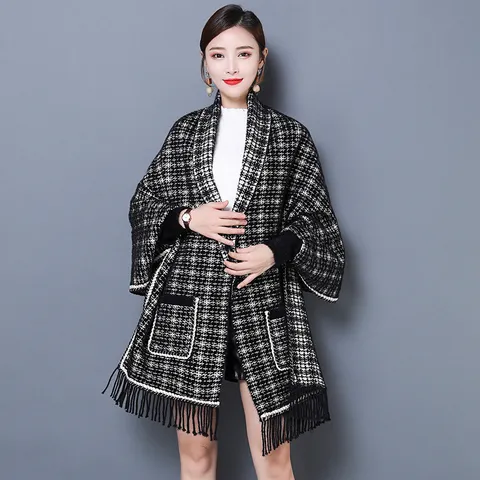 Poncho de Punto de Pata de Gallo para Mujer Capa Cárdigan Chal con Flecos Ropa de Abrigo Imitación Visón Polar Cálido Jacquard
