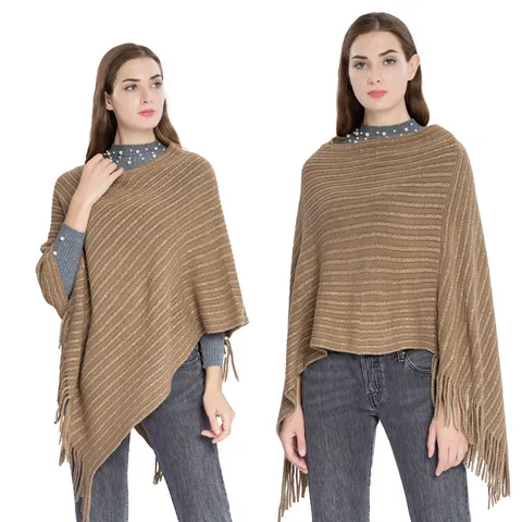 Women Plus Size Sleeveless Knit Poncho Shawl Gold Thread Tassel Acrylic Cape Wrap Pullover Top For Autumn Winter