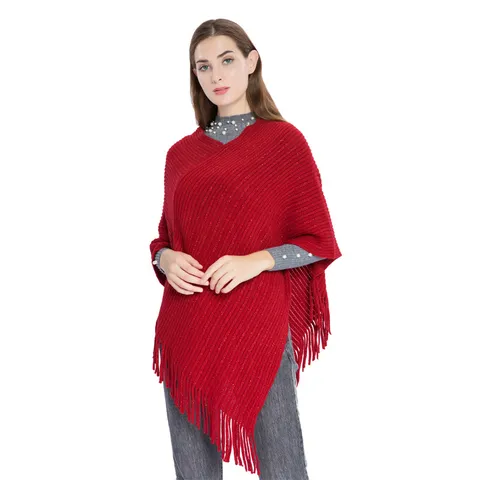 Women Plus Size Sleeveless Knit Poncho Shawl Gold Thread Tassel Acrylic Cape Wrap Pullover Top For Autumn Winter