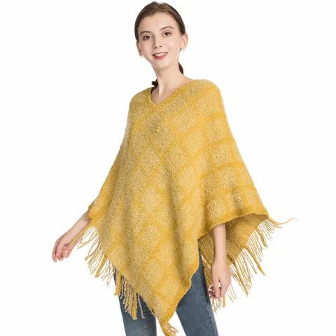 Damen Chenille Kariert Strick Poncho Schal Mit Quaste V-Ausschnitt Pullover Cape Warm Herbst Winter Top