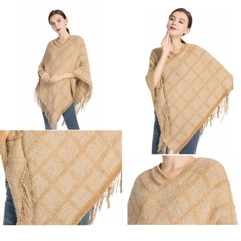 Damen Chenille Kariert Strick Poncho Schal Mit Quaste V-Ausschnitt Pullover Cape Warm Herbst Winter Top
