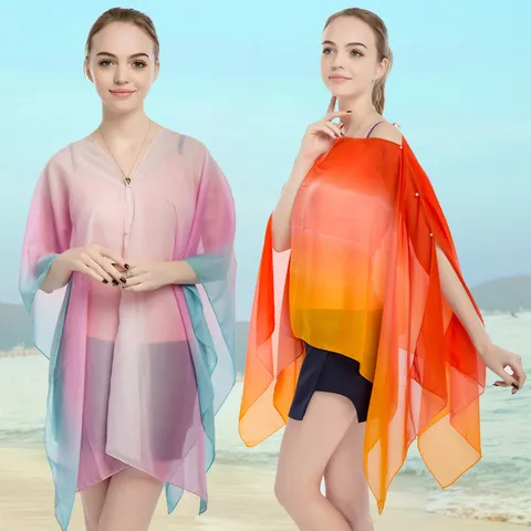 Poncho de Gasa para Mujer Chal de Protección Solar Cubierta de Playa Estampada en Degradado Con Botón de Perla Artificial