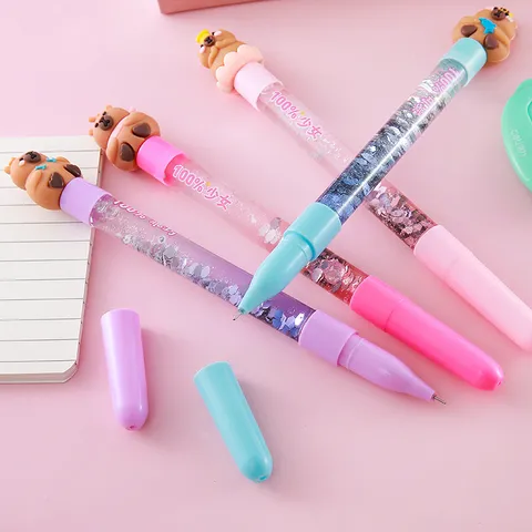Cute Capybara Quicksand Gel Pen 0.5mm Black Ink Creative Stationery Cartoon Animal Floating Glitter Needle Tip Writing Pen For Students Gift