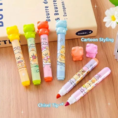 Cute Bear Plastic Multicolor Chisel Tip Highlighters Pastel Cartoon Stationery Marking Pens For School Students Office
