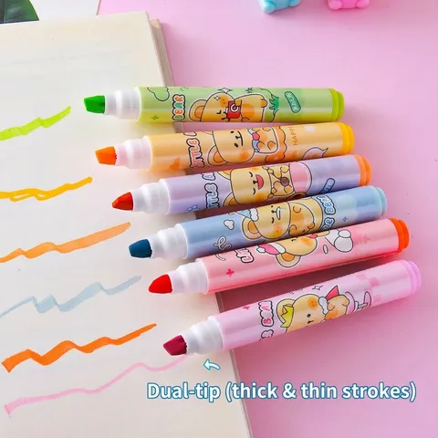 Cute Bear Plastic Multicolor Chisel Tip Highlighters Pastel Cartoon Stationery Marking Pens For School Students Office
